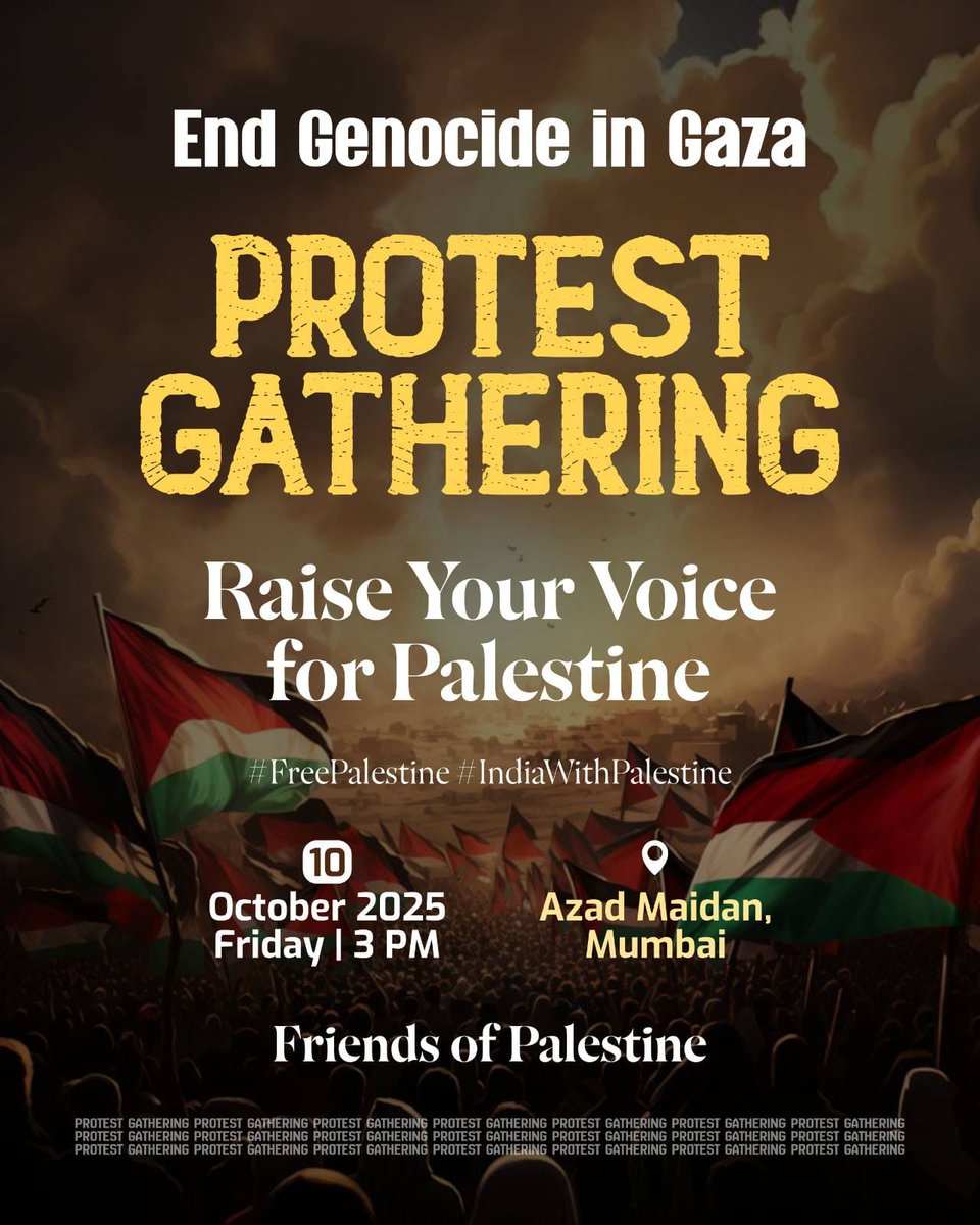 Please make this post viral, and let it echo all over mumbai that justice loving citizens of mumbai will gather at Azad maidan on 10th October, Friday, 3pm to stand against the cruelty &amp; oppression of Israel on Palestine #FreePalestine
Org jointly by social orgs <a href="/FreindsofPal/">Friends of Palestine, Mumbai</a>