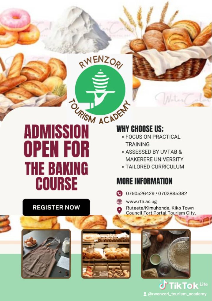 Bake your future with practical skills! Join Rwenzori Tourism Academy's Baking Course. Focus on hands-on training, assessed by UVTAB &amp; Makerere University. Register now! 📚🥖 #RwenzoriTourismAcademy