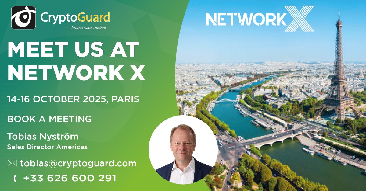 Meet us at <a href="/networkx_event/">Network X</a> in Paris next week, 14–16 October! Interested in cost-effective, scalable End-to-End #OTT solutions and studio-grade #CAS / #DRM video #contentprotection?
Let’s connect! 📩 Book a meeting: tobias@cryptoguard.com