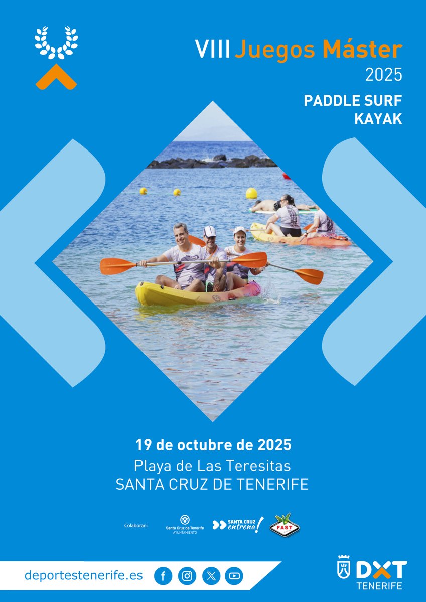 DXTenerife's tweet image. Los VIII Juegos Máster se despiden finalmente de los deportes náuticos #paddlesurf y #kayak el domingo 19 de octubre en la playa de Las Teresitas

‼ Si ya has cumplido los 30, ¡vive tu Experiencia Máster!

📝 Inscripción gratuita: bit.ly/4mQh6yq

#JuegosMásterTF