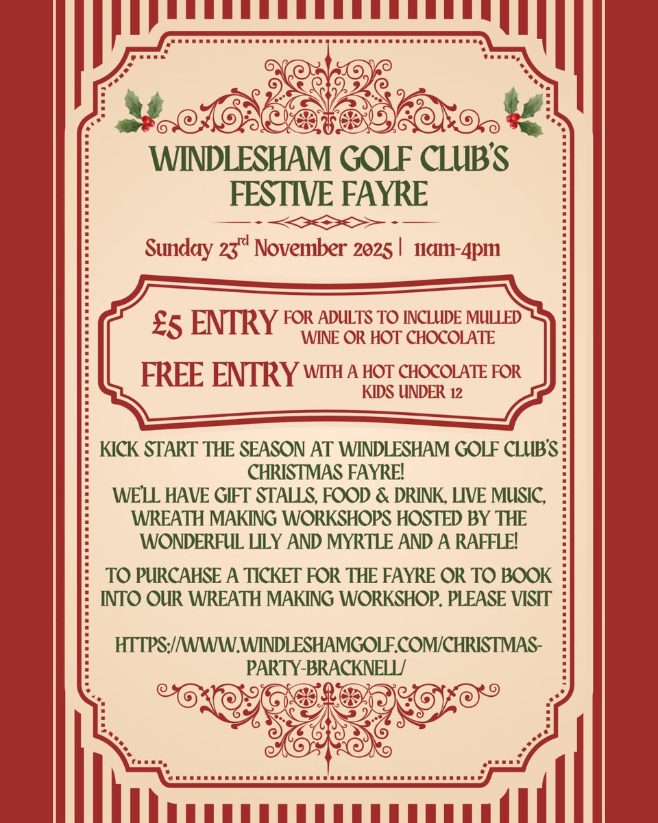 Windlesham Golf Club's Christmas Fayre!

Join us on 23rd November - 11am - 4pm

🛍️ Gift stalls to find that perfect present 
🍷 Delicious food &amp; drink (yes, mulled wine!) 
🎶 Live music to get you in the holiday spirit 
🎄 Wreath-making workshops
 🎁 A festive raffle 

Book Now