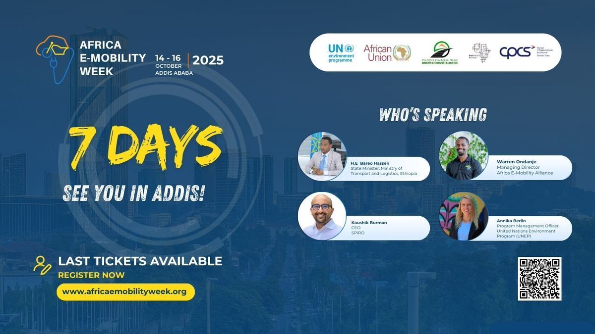 ⏳ Just 7 days to go! 🌍⚡

Get ready for #AEW2025 in Addis Ababa — Africa’s biggest EV event!

Hear from leaders including:
🔹 H.E. Bareo Hassen (Ethiopia MOTL)
🔹 Warren Ondanje (@AfEMobility)
🔹 Kaushik Burman (<a href="/Spiro/">Larry Raab</a>)
🔹 Annika Berlin (<a href="/UNEP/">UN Environment Programme</a>)

🎟️ Last tickets:
