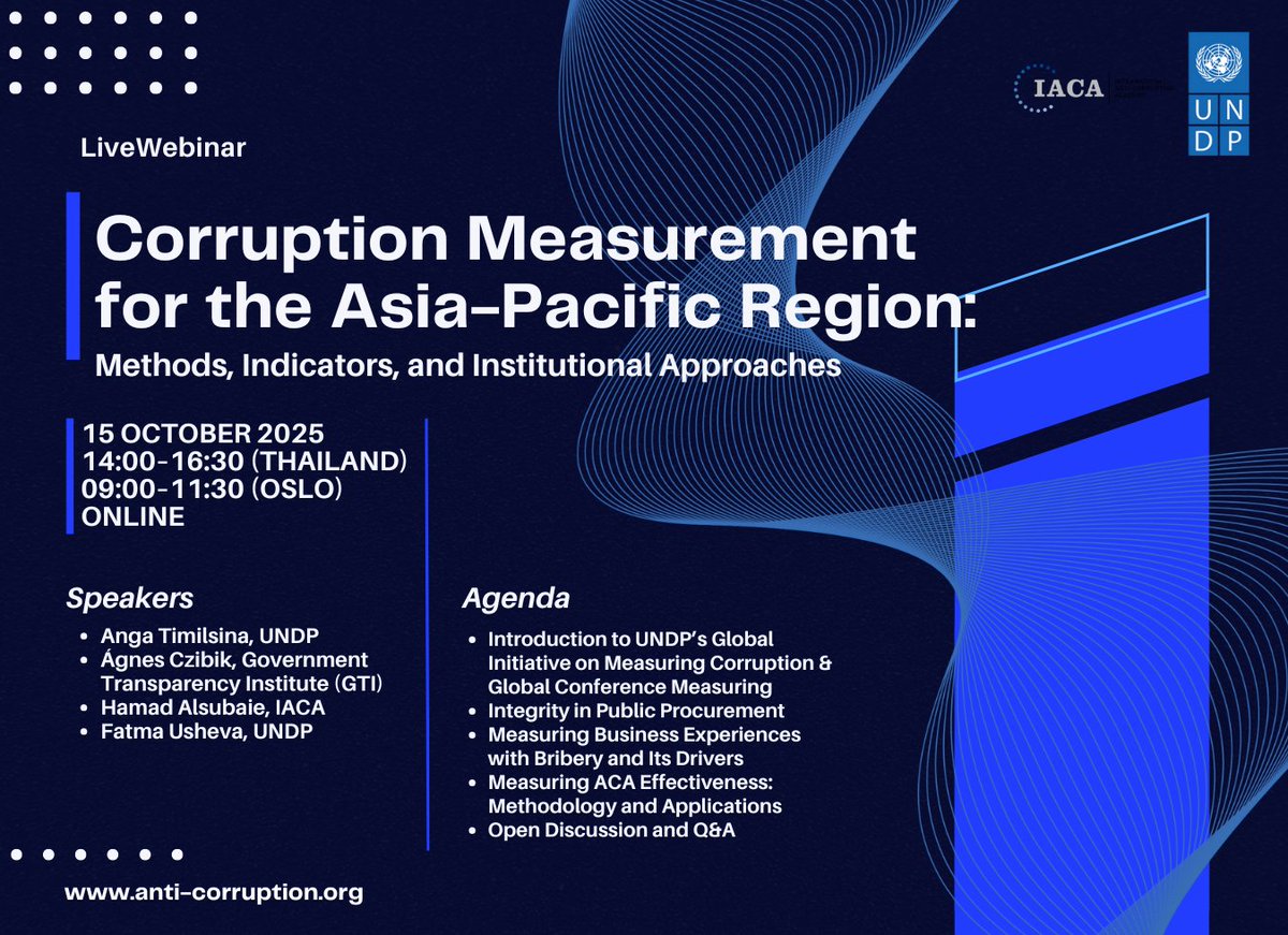 UNDPasiapac's tweet image. Join us on 15 October 2025 (Wednesday) for an online webinar on Corruption Measurement for the Asia-Pacific Region.

This webinar is designed for National Anti-Corruption Authorities, National Procurement authorities, Civil society, and Academia to learn how robust…