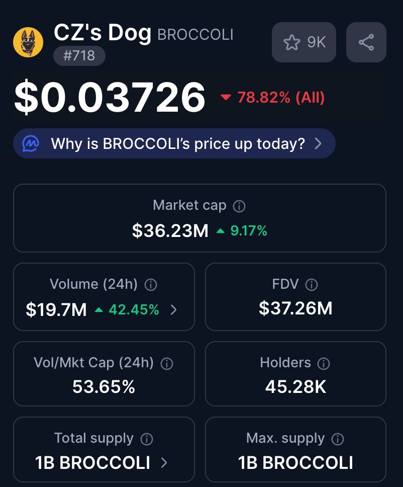 Screenshot of CZ's Dog BROCCOLI market stats showing price, market cap, and volume