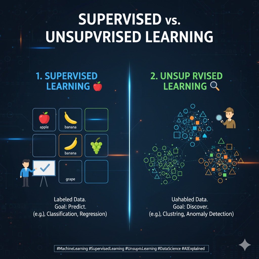 AliAlkhuzaee_'s tweet image. Not all Machine Learning is the same! 🧠 There are two main ways machines learn:
#SupervisedLearning #UnsupervisedLearning #ML #AIExplained #DataScience