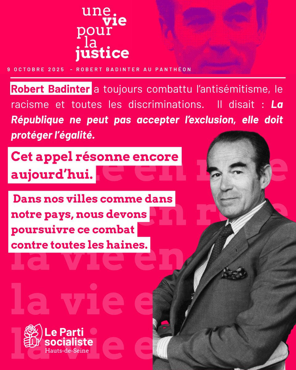 Robert Badinter a toujours défendu l’égalité et combattu le racisme, l’antisémitisme et toutes les discriminations.

Son message d’humanité et de fraternité reste plus que jamais d’actualité. 🌹

#Badinter #Égalité #Justice #République