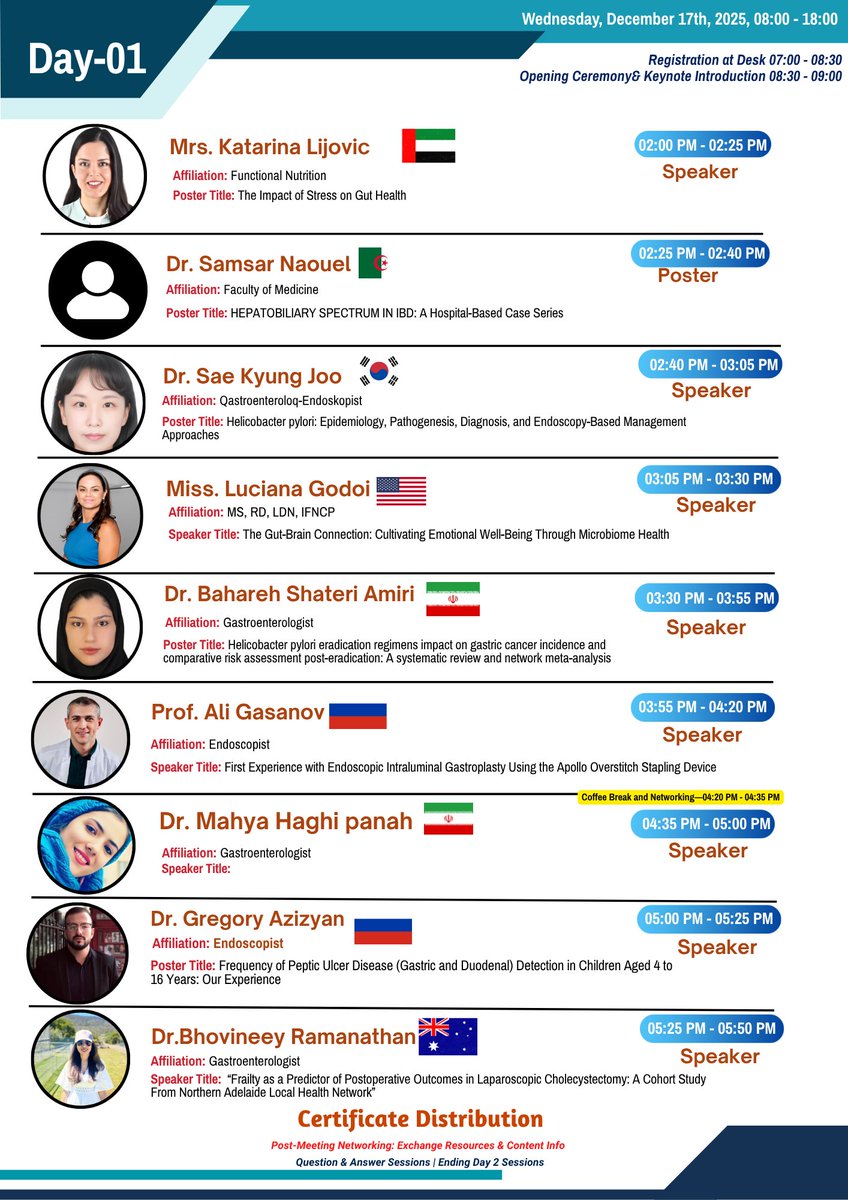 EndoscopyC26521's tweet photo. Day 1 Spotlight – Meet Our Speakers!
15th World Endoscopy & GI Conference, Dec 17–19, 2025 at Novotel Al Barsha, Dubai, UAE
Visit: https://t.co/2OVdwoQs6a
WhatsApp: https://t.co/7GI3iwr57P
#WorldEndoscopy2025 #GIExperts #CME #CPD #LivePresentation #WinTheBestSpeakerPosterLeader https://t.co/405H14Pr9l