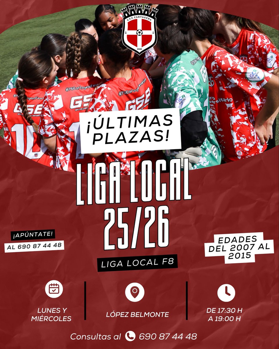 LIGA LOCAL⚽

🔥 ¡Últimas plazas disponibles!

¿Nacida entre 2007 y 2015? 

Entrena, aprende y compite en nuestros equipos de liga local f8.

🗓️ Entrenamientos: Lunes y Miércoles.
📍 López Belmonte
⏰ 17:30h a 19:00h

📲 ¡No te quedes fuera! 
Apúntate ya en el 690 87 44 48