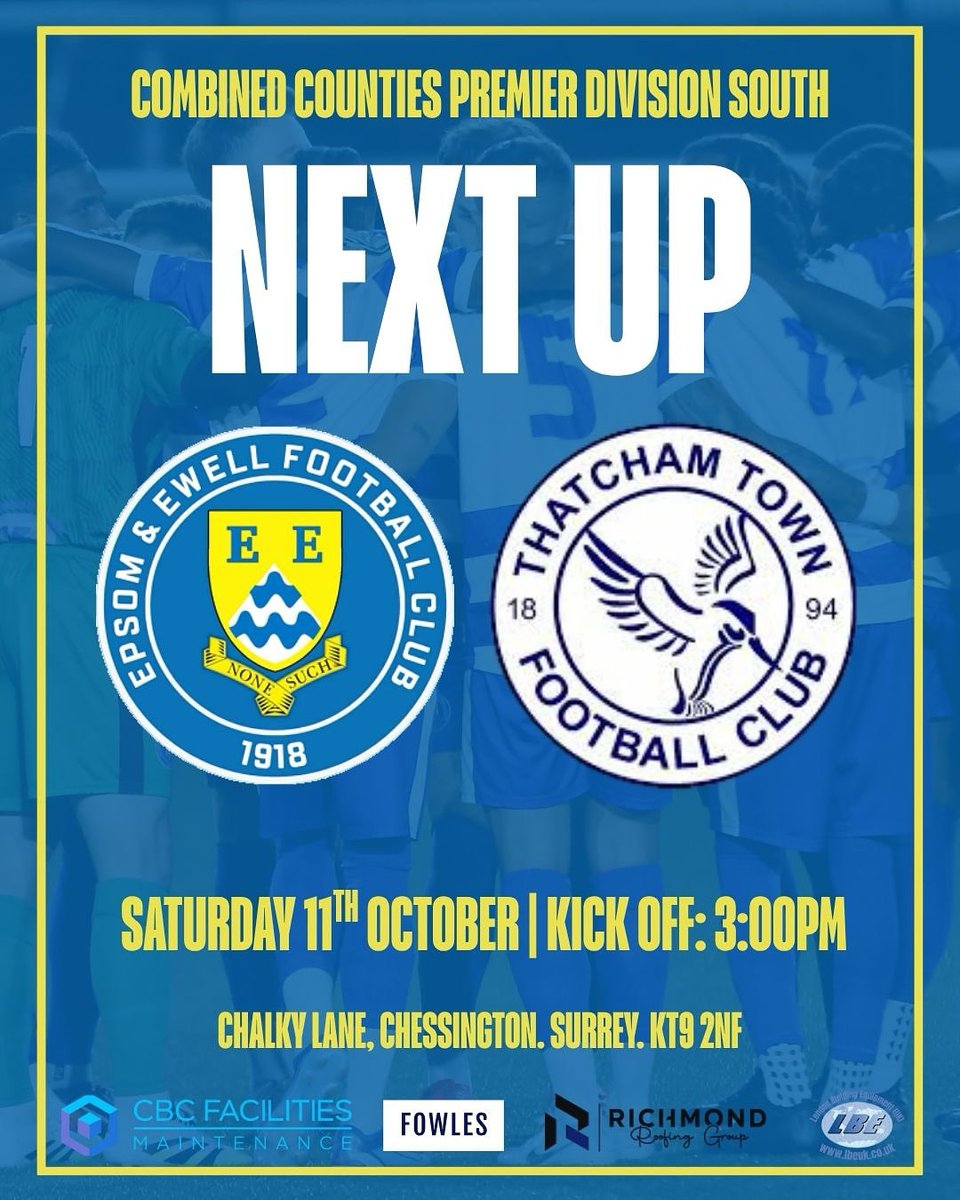 🔵 NEXT UP! 🔵

With no top-flight football this weekend, why not back your local club at our new home, Chalky Lane (Chessington)! 🍔🍻

📅 Sat 11 Oct | ⏰ 3 PM
Be loud. Be proud. Be Salts. 💪🧂

#WeAreEpsom | #UpTheSalts | #NonLeagueFootball | #NewHome