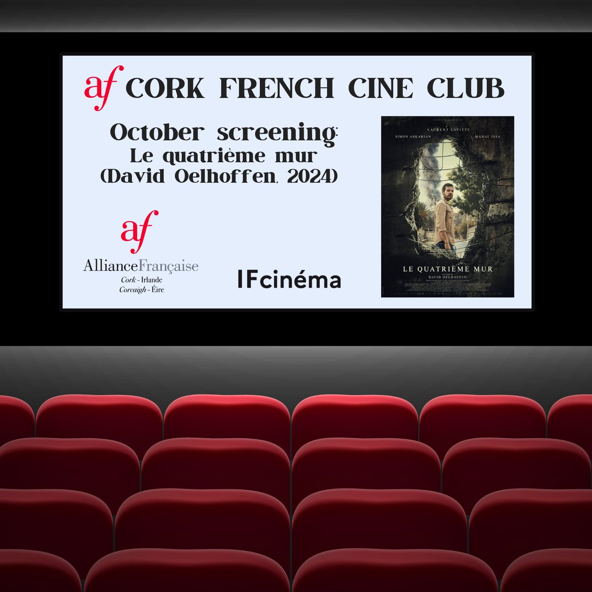 AF #Cork #French #Cine #Club
 
October screening:
Le quatrième mur (David Oelhoffen, 2024). In French, with English subtitles.

Free Cork French Cine Club screenings exclusively for AF de Cork #members &amp; adult students. Booking is essential as places are limited.