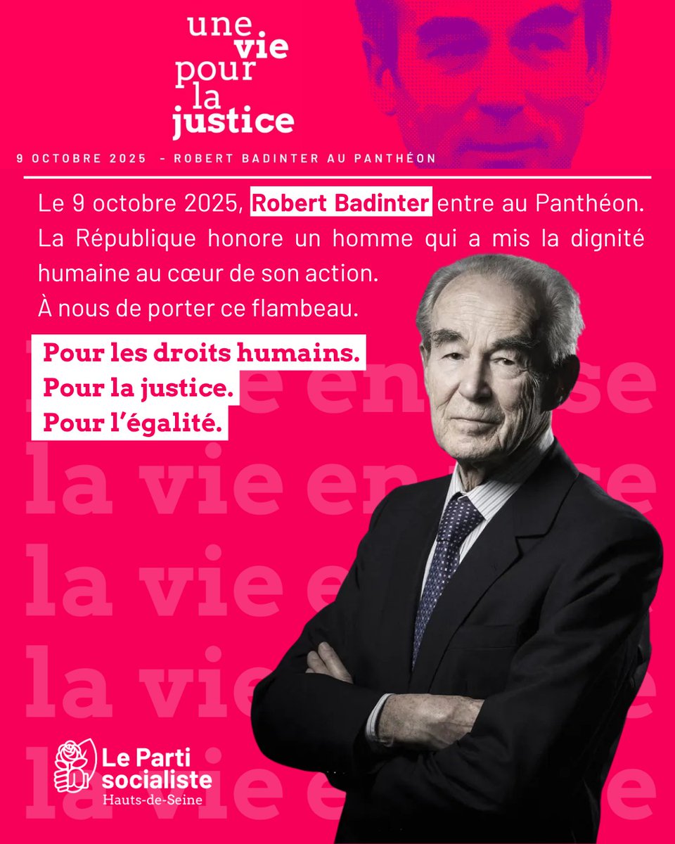 Ce jeudi 9 octobre 2025, Robert Badinter entre au Panthéon.🌹

La République rend hommage à un homme de courage, qui a mis la dignité humaine au cœur de son action.

Pour les droits humains. Pour la justice. Pour l’égalité.

#Badinter #Panthéon #Justice