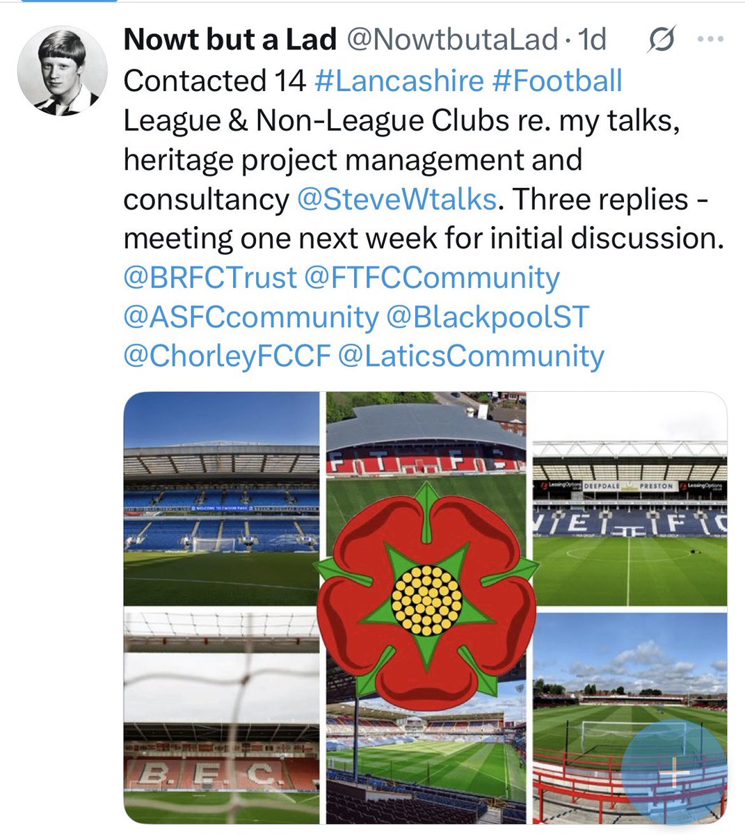 Progress as another #Lancashire #Football club wants to meet me to discuss Heritage / Fan Engagement. Their Community Trust CEO also said he would get me a meeting with another (Football League) Club as “they will benefit speaking to you”. <a href="/SteveWtalks/">Steve Williams Talks</a> <a href="/WeAreTheFSA/">The FSA</a>