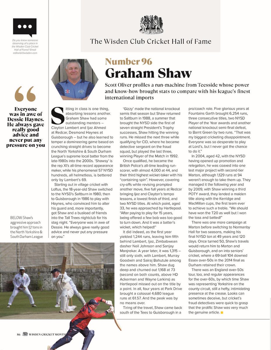 Recently, Graham Shaw was inducted into the Wisden Club Cricket Hall of Fame. 🏏

Shaw, who has 23 England 60s appearances, has been a stalwart of the North Yorkshire &amp; South Durham League.

Congratulations Graham. 👏

#seniorscricket