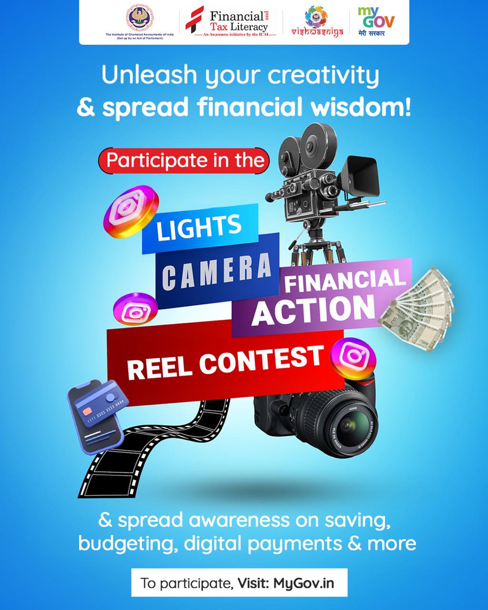 mygovindia's tweet image. Reel Your Way to Financial Smarts!

Showcase your creativity with reels on saving, budgeting &amp;amp; digital payments to inspire financial awareness.

👉 mygov.in/task/lights-ca…

#ReelContest #MyGovContest

@icaivittiyagyan