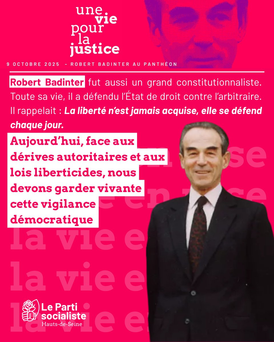 Toute sa vie, Robert Badinter a défendu l’État de droit et la liberté contre l’arbitraire.

Son héritage nous appelle à rester vigilants face aux dérives autoritaires et aux reculs démocratiques. 🚨 🇫🇷 

#Badinter #Démocratie #Liberté #ÉtatDeDroit