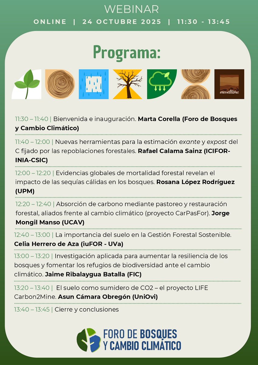IngForestal50's tweet photo. Para conocer las últimas investigaciones en ciencia forestal desarrolladas desde universidades y centros de investigación, asiste al webinar organizado por @InfoFBYCC  el 24 de octubre “Ciencia forestal para la acción climática”. 

Info e inscripciones en:
https://t.co/vqdDJmM1sw https://t.co/dV9ytNiDn1