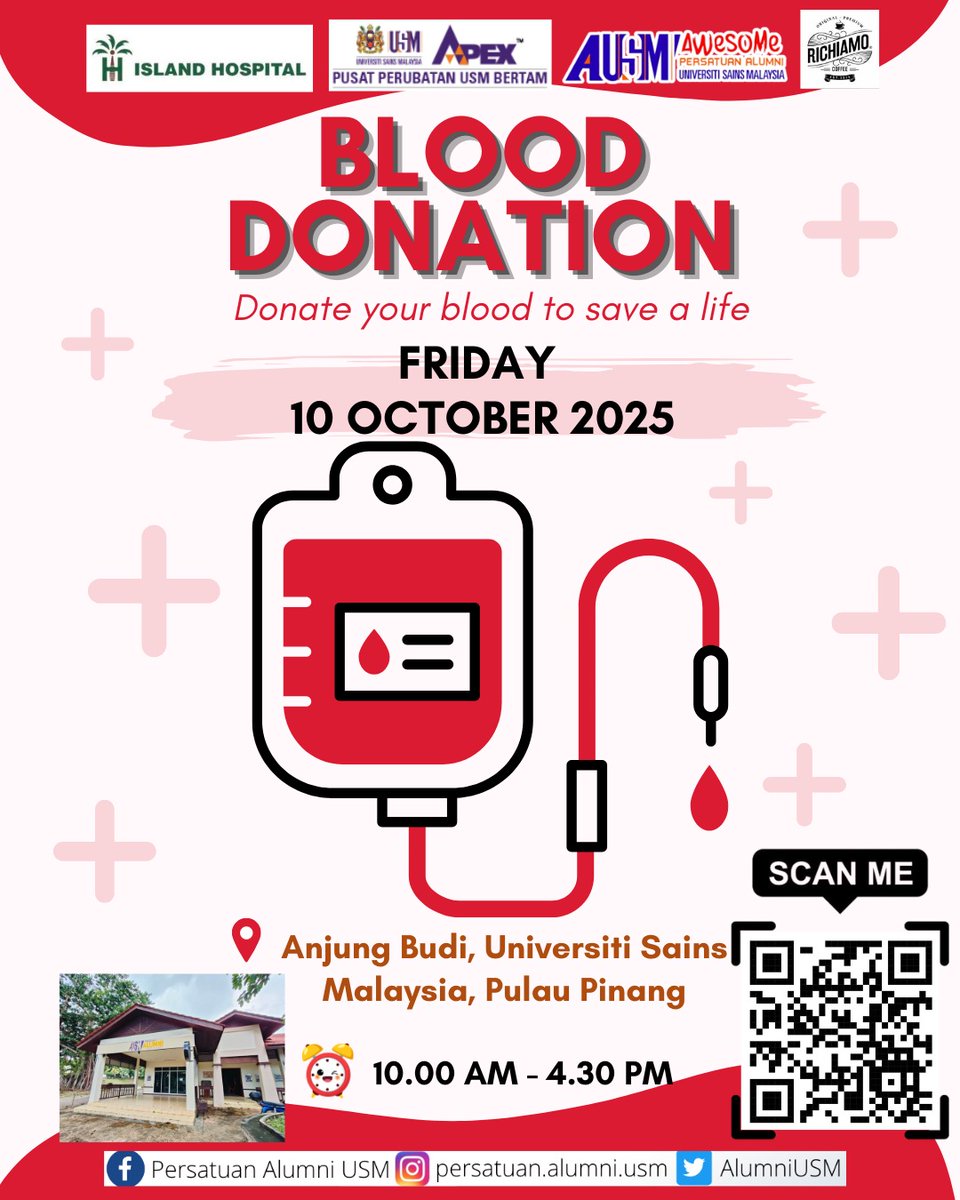 AlumniUSM's tweet photo. ❤️ Jom jadi HERO tanpa jubah!
Setitis darah anda mampu menyelamatkan nyawa.

📅 Tarikh: Jumaat, 10 Oktober 2025
🕘 Masa: 10.00 pagi – 4.30 petang
📍 Tempat: Anjung Budi D01, Universiti Sains Malaysia, Pulau Pinang.

Mari derma darah.

👉 Daftar di sini: https://t.co/bJdRV0xERS https://t.co/xg11D72vQ3
