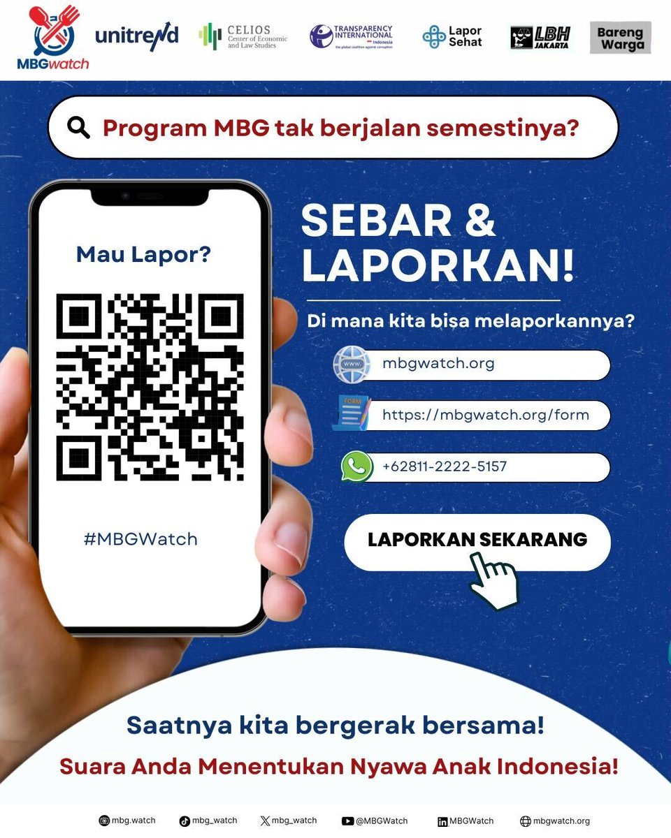 CISDI_ID's tweet image. MBG Watch adalah koalisi masyarakat yang peduli memastikan MGB berjalan transparan, tepat sasaran, dan bebas penyalahgunaan.

Anda bisa melapor, mengawasi, dan bersuara melalui:
📷 Website : mbgwatch.org
📷 WhatsApp Chatbot : wa.me/6281122225157
📷 Formulir…
