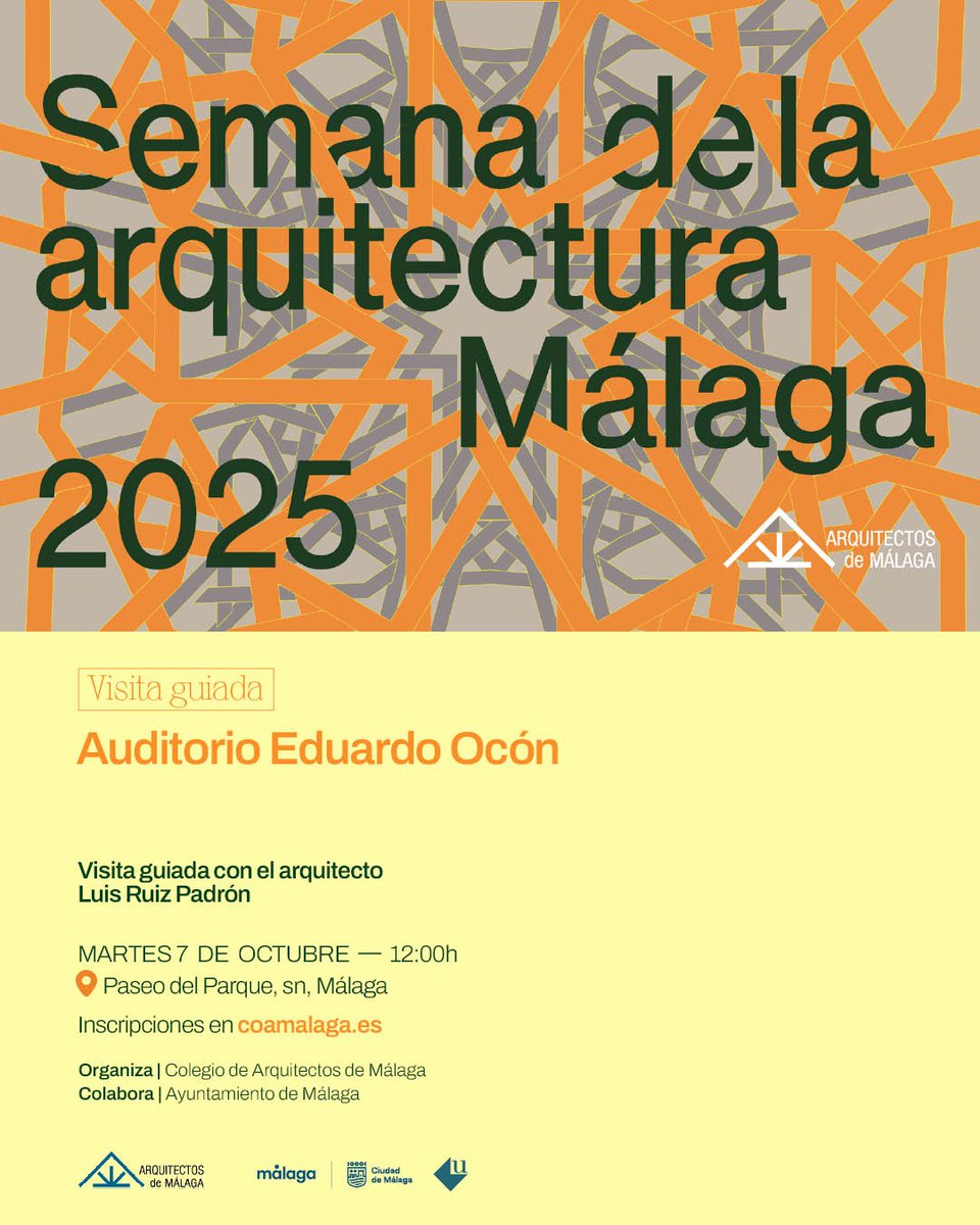 Nos vemos a las 12:00 para revisitar una de nuestras joyas de la modernidad: el auditorio Eduardo Ocón, en el Paseo del Parque.

#SemanaArquitectura2025 #Málaga