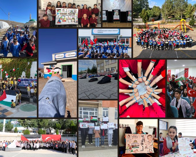 A collage of multiple photographs depicting groups of school children and teachers in various educational settings in Turkey. Children wear uniforms and hold banners with Turkish flags and Palestinian flags, some displaying messages about peace and justice. Scenes include classroom activities, outdoor gatherings on school grounds, children drawing or painting symbols of solidarity, and group photos with raised hands forming unity gestures. Buildings like schools with Turkish flags are visible in the backgrounds, along with playgrounds and educational materials related to the theme.