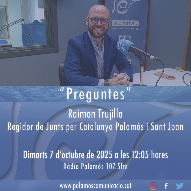 Els dimarts compartim l'espai d'entrevistes polítiques amb els regidors i regidores dels partits de l'oposició a l'Ajuntament de #Palamós . Avui, just després del butlletí informatiu de les 12 del migdia, entrvistarem al regidor de <a href="/JxCatPalamos/">Junts per Palamós i Sant Joan</a> , <a href="/raimontrujillo/">Raimon Trujillo-Coris</a>  .