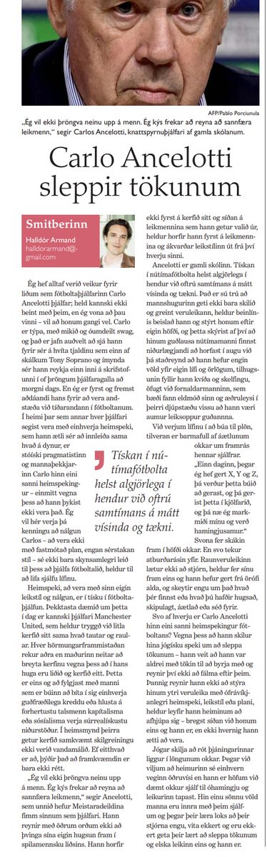 Pistill úr Sunnudagsmogga um Carlo Ancelotti og hvernig við verjum lífinu í að búa til plön og áætlanir -- erum með einhverja svakalega pælingu um það hvernig hlutirnir eiga að vera -- í heimi sem hlustar ekki á okkur.

ENGLISH BELOW

Carlo Ancelotti Lets Go

I’ve always had a