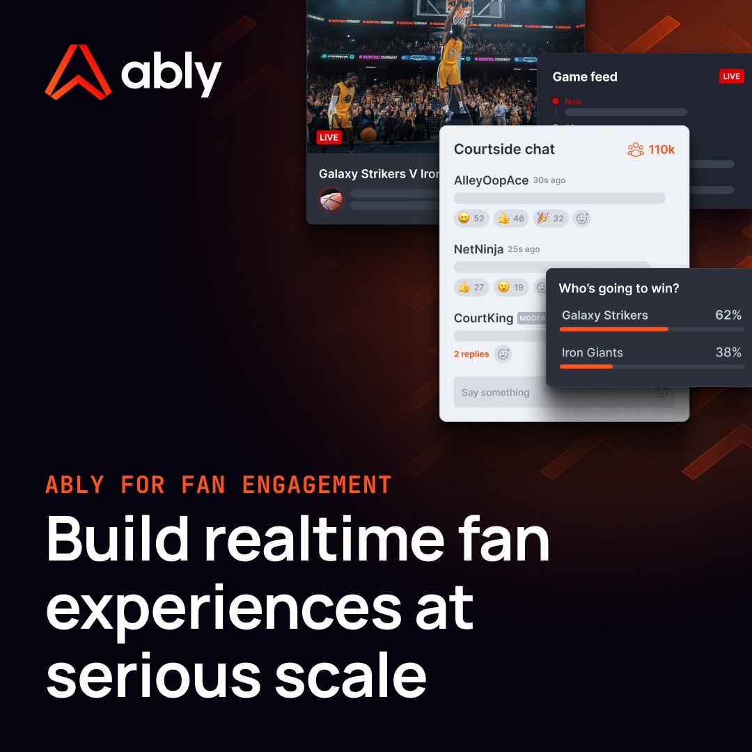 If your fan experience breaks when 2M users log on at once, it’s not built for the job.
Ably handles realtime chat, alerts, and feeds at global scale - with guaranteed delivery and sub-50ms latency.
Because loyalty lives in the moment.
Read more: ably.com/fan-engagement