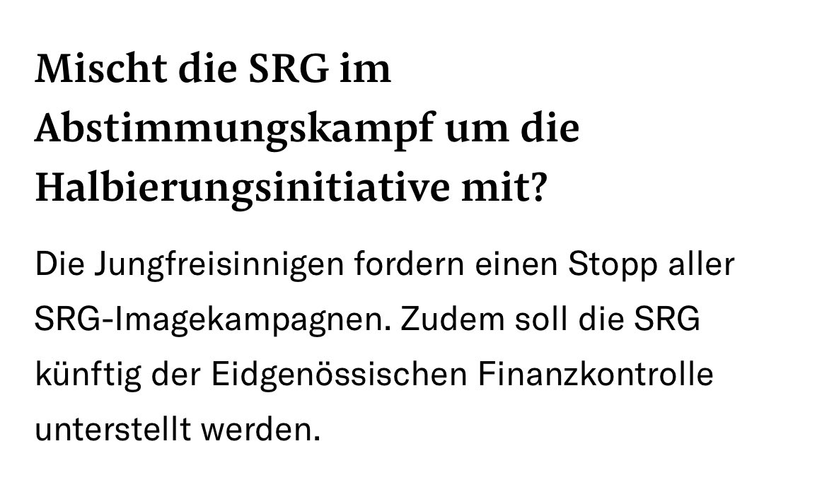 Mit <a href="/Marcel_Dobler/">Marcel Dobler</a> und 23 Mitunterzeichnenden von GLP bis SVP fordern wir <a href="/Jungfreisinnige/">Jungfreisinnige Schweiz</a>, dass die SRG der finanz. Oberaufsicht der EFK unterstellt wird. 

Ferner ist die Vorkampagne gegen die SRG-Initiative durch SRG-Imagekampagnen zu stoppen!

Motion: parlament.ch/de/ratsbetrieb…