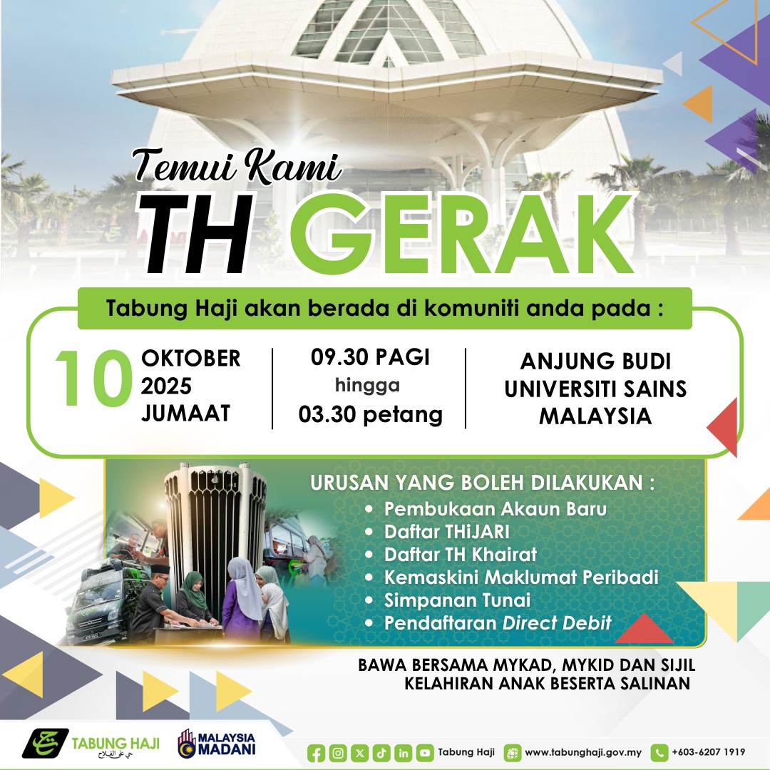 AlumniUSM's tweet photo. ✨ Jom ramai-ramai ke TH Gerak di Anjung Budi, USM.

📅 10 Oktober 2025 (Jumaat)
⏰ 9.30 pagi – 3.30 petang.

✅ Mudah, cepat &amp; dekat dengan anda! https://t.co/5rb31WzNYS