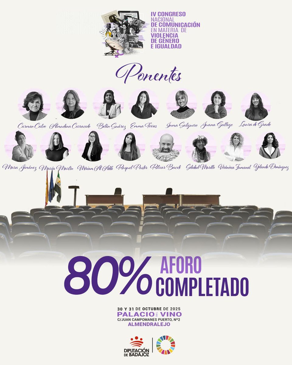 MujerexExt's tweet photo. 🚨 Últimas plazas
En solo 7 días alcanzamos el 80% del aforo del IV Congreso de Comunicación en Violencia de Género e Igualdad 💜
📅 30-31 oct 2025
📍 Almendralejo
💸 Inscripción #gratuita
https://t.co/LBJjMxuwUE
#Igualdad #ViolenciaDeGénero  #ComunicaciónConPerspectivaDeGénero https://t.co/HOZwNZsTT5