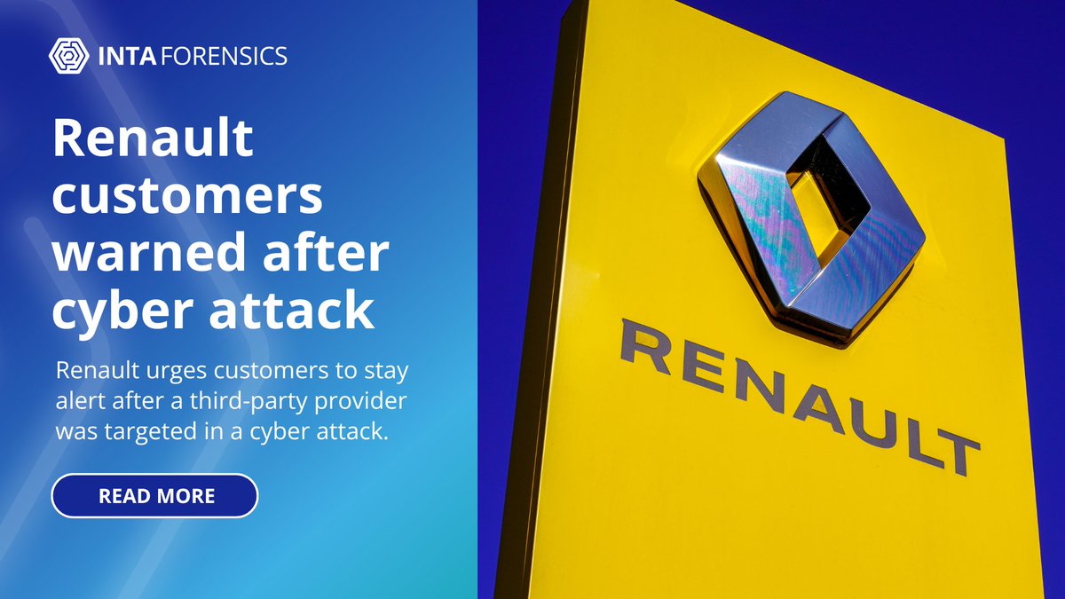 IntaForensics's tweet image. 🚨 Renault UK confirms customer data has been stolen in a cyber attack on a third-party provider.
No financial details were taken, but personal data was accessed. Customers are urged to stay vigilant against suspicious messages.
🔗 Read more: eu1.hubs.ly/H0nC5_M0