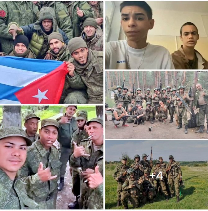 Collage de múltiples fotos que muestran grupos de soldados con uniformes de camuflaje y cascos posando al aire libre en áreas boscosas, algunos sosteniendo rifles y haciendo gestos con las manos como pulgares hacia arriba o signos de paz. Varias imágenes muestran a personas con banderas cubanas sobre los hombros o sostenidas. Una foto muestra a un joven con ropa informal que parece sorprendido en una videollamada. Otro muestra a soldados parados en formación en terreno cubierto de hierba con armas. La composición incluye alrededor de 12 imágenes distintas dispuestas en un formato de cuadrícula que destaca al personal militar de varias edades y géneros con equipo táctico.