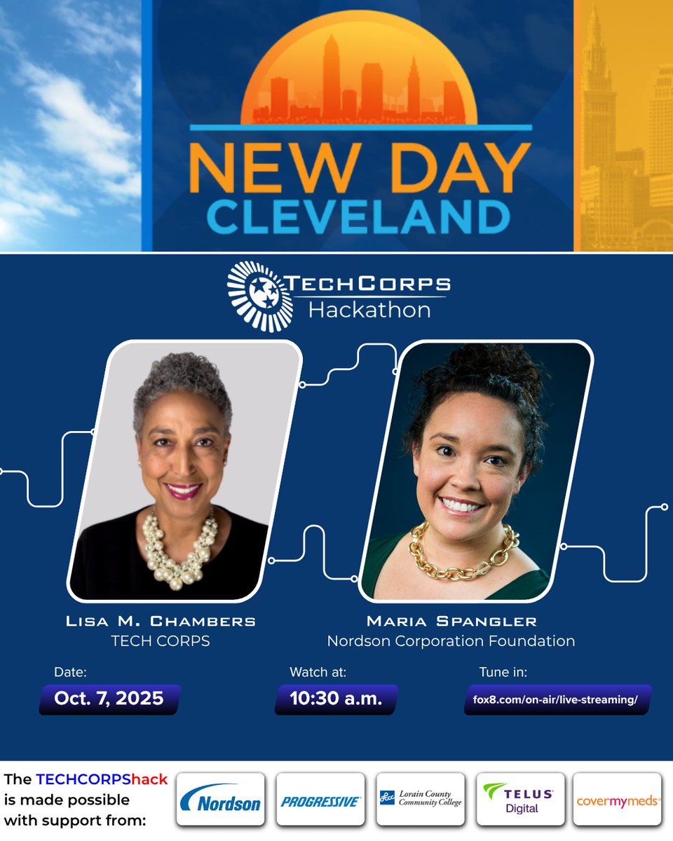 techcorpsus's tweet image. 📺 Tune in at 10:30 a.m.! TECH CORPS CEO Lisa M. Chambers joins Maria Spangler from @Nordson_Corp on Fox 8’s New Day Cleveland to talk about the 7th Annual TECH CORPS Hackathon!
Watch live 👉 fox8.com/on-air/live-st…
#techcorps