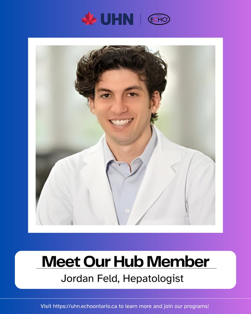 ECHO_UHN's tweet photo. Part of the Liver HUB team, Jordan Feld completed residency programs in Internal Medicine and Gastroenterology. He completed a clinical research fellowship in hepatology.
#ontario #ECHOatUHN #virtuallearning #LiverDisease #Hepatology #uhn #healthcareON #education #CME #CPD https://t.co/hLuZCn2LGZ