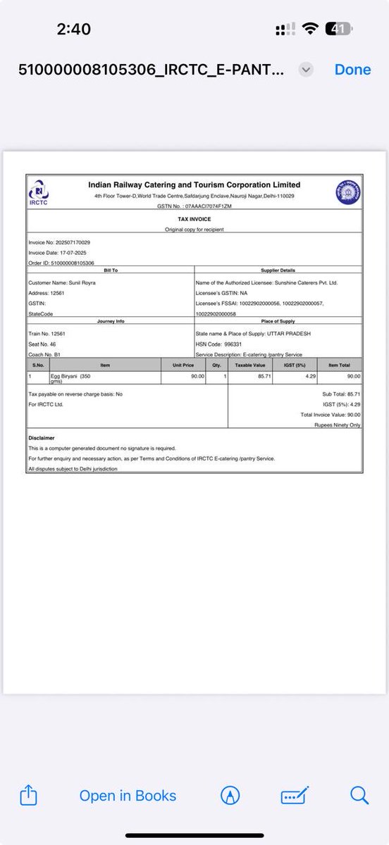 sunilroyra's tweet photo. @RailMinIndia @IRCTCofficial @eCateringIRCTC Paid for food through IRCTC app, but no service was provided. Even after sharing the receipt, no one has a clue about the order! Is this some new kind of fraud? Where’s the account for such failed services? @fayedsouza @ravish_journo https://t.co/Cx4gcs2DPs