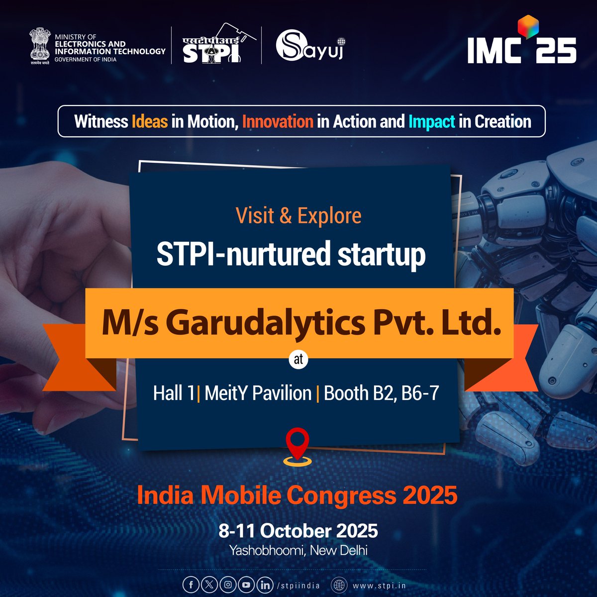 stpiindia's tweet image. STPI-nurtured startup Garudalytics Pvt Ltd at IMC 2025: Gear up for a glimpse into the future of tech! 🛰️
Find Garudalytics Private Limited, an AI-powered geospatial platform and STPI NGIS-beneficiary designed to make mapping and analytics smarter, faster and more accessible, at…