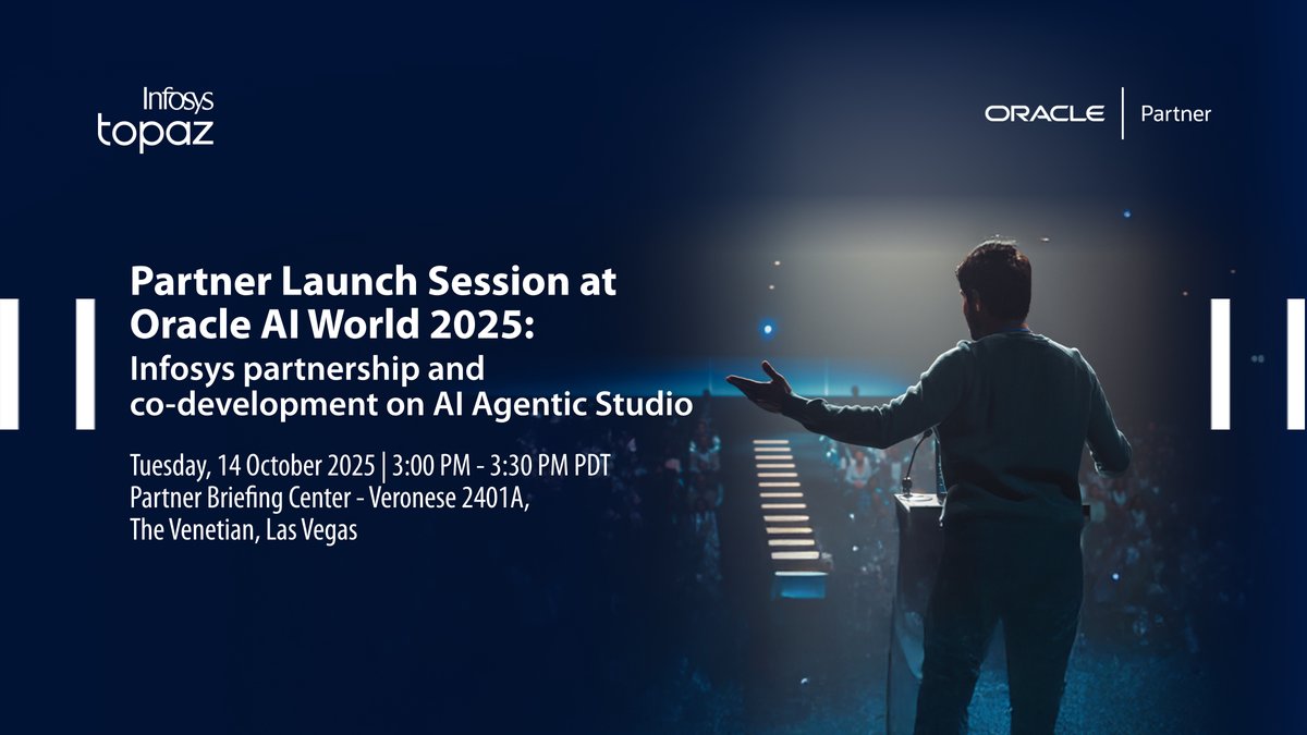 InfosysEvents's tweet image. Infosys is partnering with Oracle at #OracleAIWorld to spotlight joint innovation on Oracle AI Agentic Studio. Discover how co-developed AI use cases are driving industry transformation and enterprise value. bit.ly/4mQE08c

#InfyAtOAIW25 #AIStudio #Oracle #EnterpriseAI…