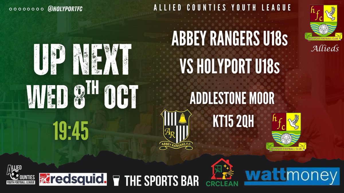 ‼️Under 18s action tomorrow‼️

📆 Wed 8th Oct
🕖 7.45pm
📍KT15 2QH
🆚 Abbey Rangers 
🏆 @ACYFLofficial

#HolyportFC #thesportsbar #wattmoney #CRClean <a href="/fc_abbeyrangers/">Abbey Rangers FC</a> @nickPhilli65907 <a href="/joe_QPR_butler/">Joe Butler</a> <a href="/MN_Coaching/">MNC - Max Noyce Coaching</a> #uptheport #U18s #proudtobeseen #oneclub