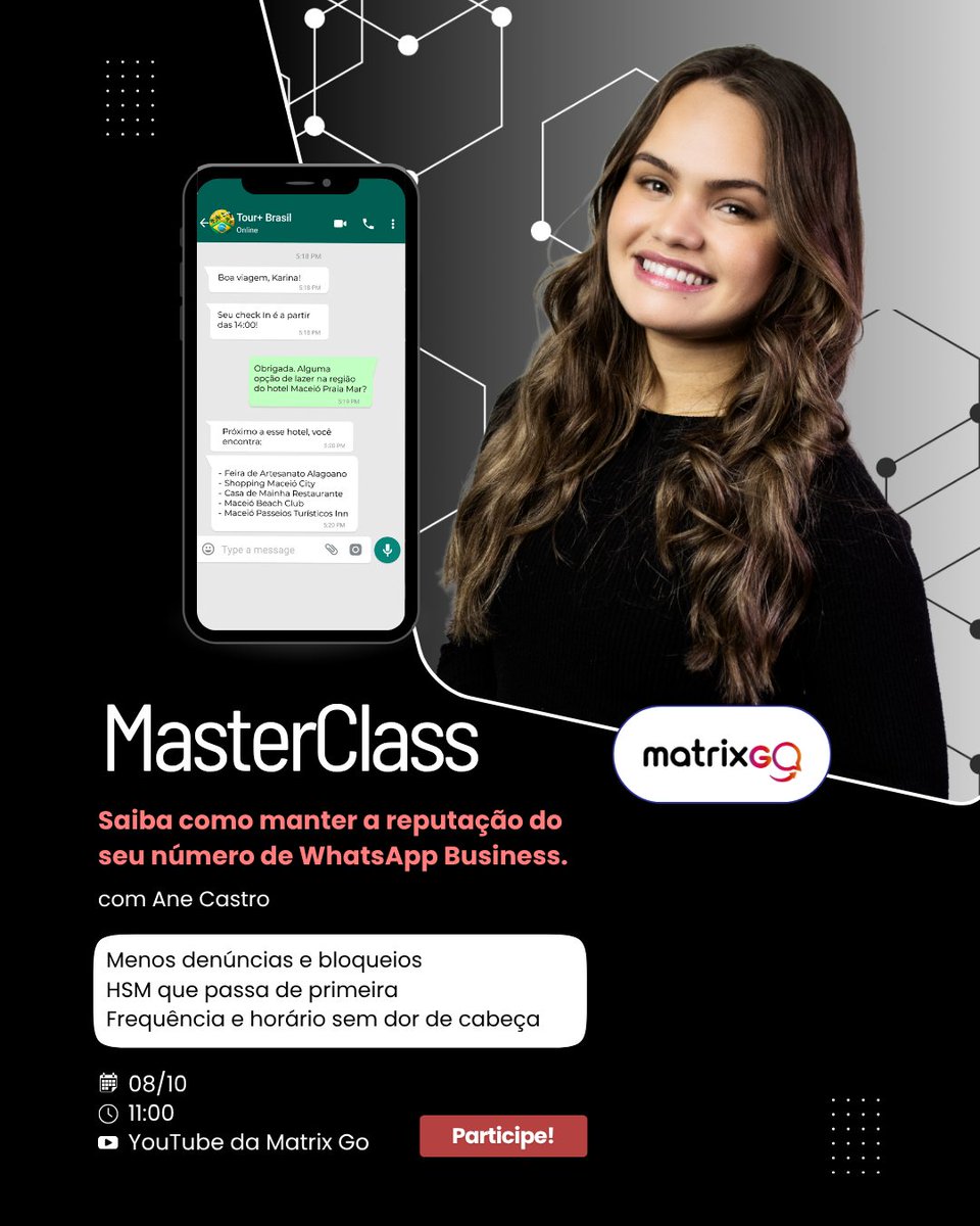 Matrix__go's tweet image. Seu WhatsApp já sofreu com reprovação de HSM, denúncias ou queda na qualidade do número?
Na nossa Masterclass ao vivo, aprenda como blindar a reputação com passos simples

📆 08/10 • 🕚 11h
▶️ YouTube da Matrix Go: hubs.ly/Q03Mnx840

Participe!