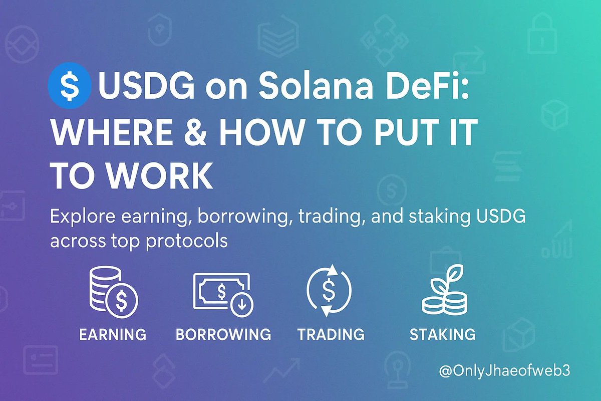 OnlyJhaeofweb3's tweet image. THE RISE OF USDG POWERING A NEW WAVE OF DeFi OPPORTUNITIES ON SOLANA💵

In less than a year, USDG has become the 3rd largest stablecoin on Solana, and it’s already reshaping how DeFi users earn, borrow, and trade trusted digital dollars.

Here’s how to put USDG to work 👇🧵