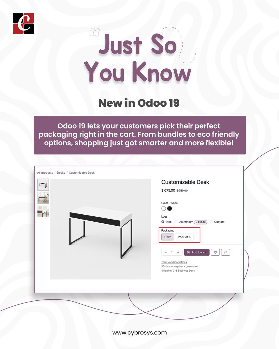 Cybrosys's tweet image. Want to increase your average order value? 📈 Odoo 19 lets customers easily choose packaging bundles on the product page. It&apos;s simple, accurate, and drives better sales automation for bulk/wholesale!
Details: cybrosys.com

#Odoo19 #WholesaleEcommerce #BusinessGrowth