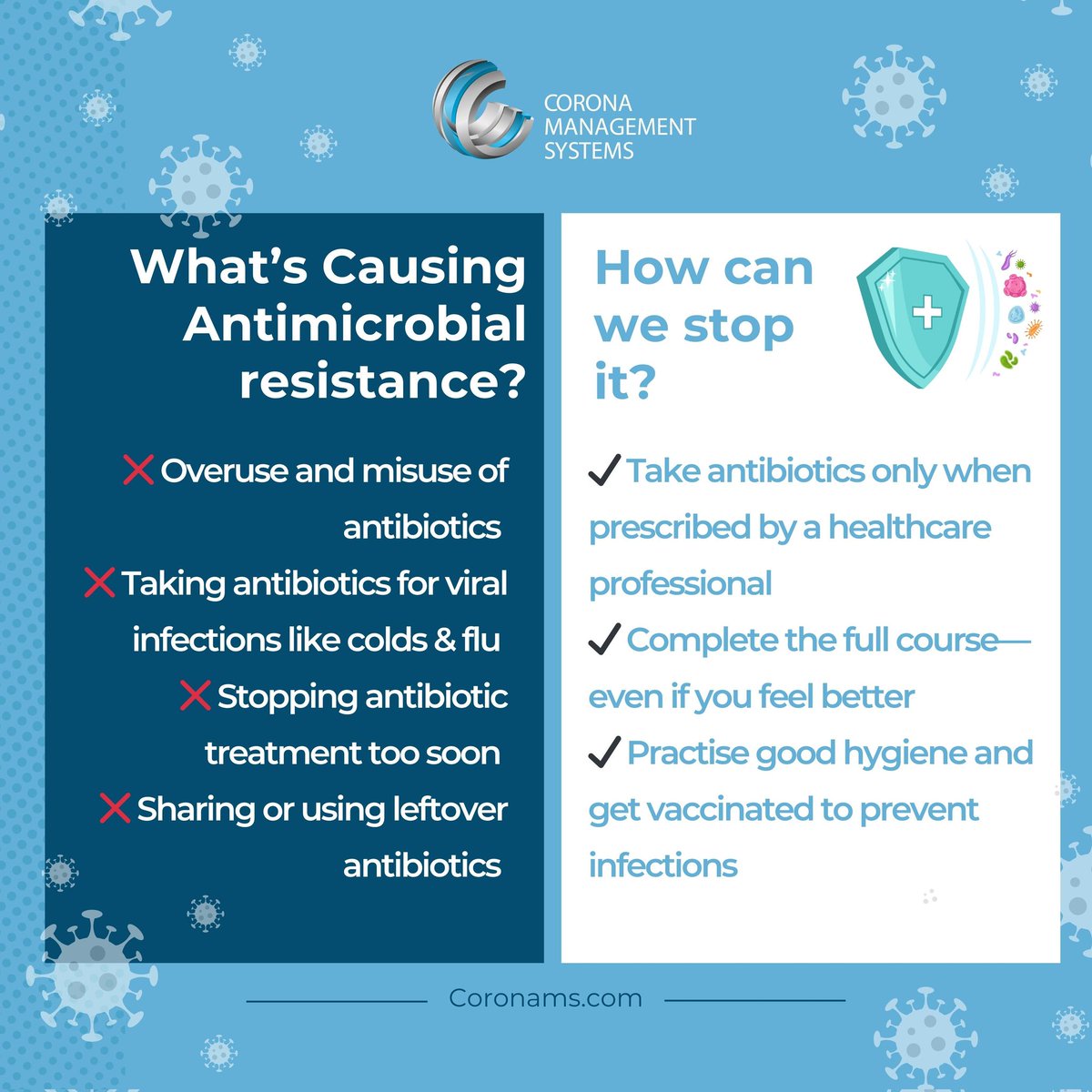 coronams's tweet photo. Antimicrobial Resistance happens when microbes adapt &amp; medicines stop working, making common infections life-threatening.
Use antibiotics wisely to protect your health &amp; safeguard the future of medicine.
#FightAMR #StopSuperbugs  #InfectiousDiseases #AntimicrobialResistance #AMR https://t.co/j67tASorCn