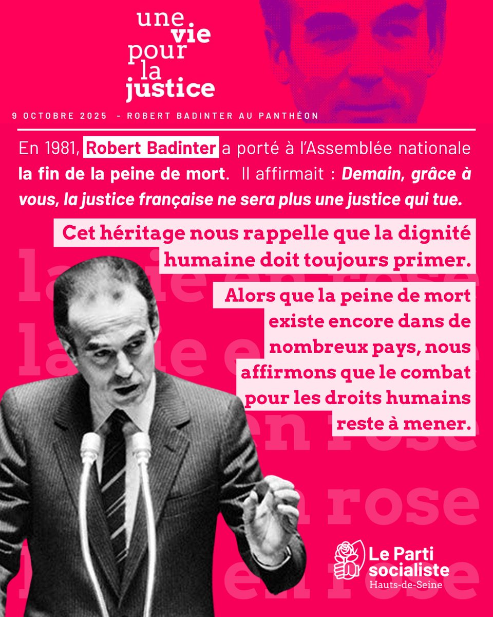 "La justice ne doit pas tuer." — Robert Badinter  

Ce jeudi 9 octobre, nous célébrerons l’abolition de la peine de mort et l’entrée au Panthéon d’un homme de courage et d’humanité.  

Son combat continue. ✊ 

#Badinter #Abolition #Justice