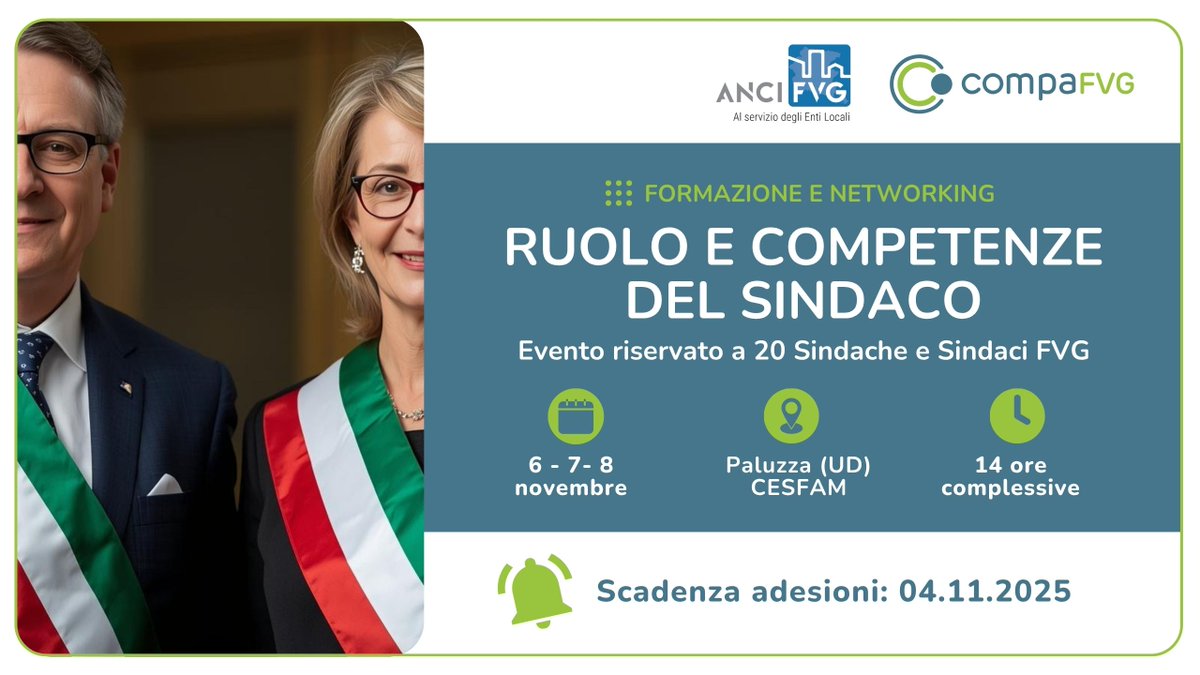 #formazione 

Regione FVG e ANCI FVG con la loro Fondazione ComPA FVG  offrono ai Sindaci l'opportunità per rafforzare le capacità di indirizzare l'azione politico amministrativa dell'Ente.

#ruoloecompetenzedelsindaco è formazione e #networking 👈

ℹ️ bit.ly/ruolo_sindaci