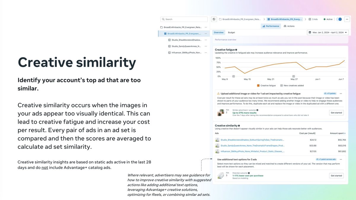 jasonyimco's tweet image. 💯 which is why we&apos;re rolling out a new reporting feature to allow you to understand how similar your creative is (in Meta&apos;s eyes)

there&apos;s actually 3 new metrics launching around this; creative fatigue, creative similarity, and top creative themes

1. creative fatigue is when a…