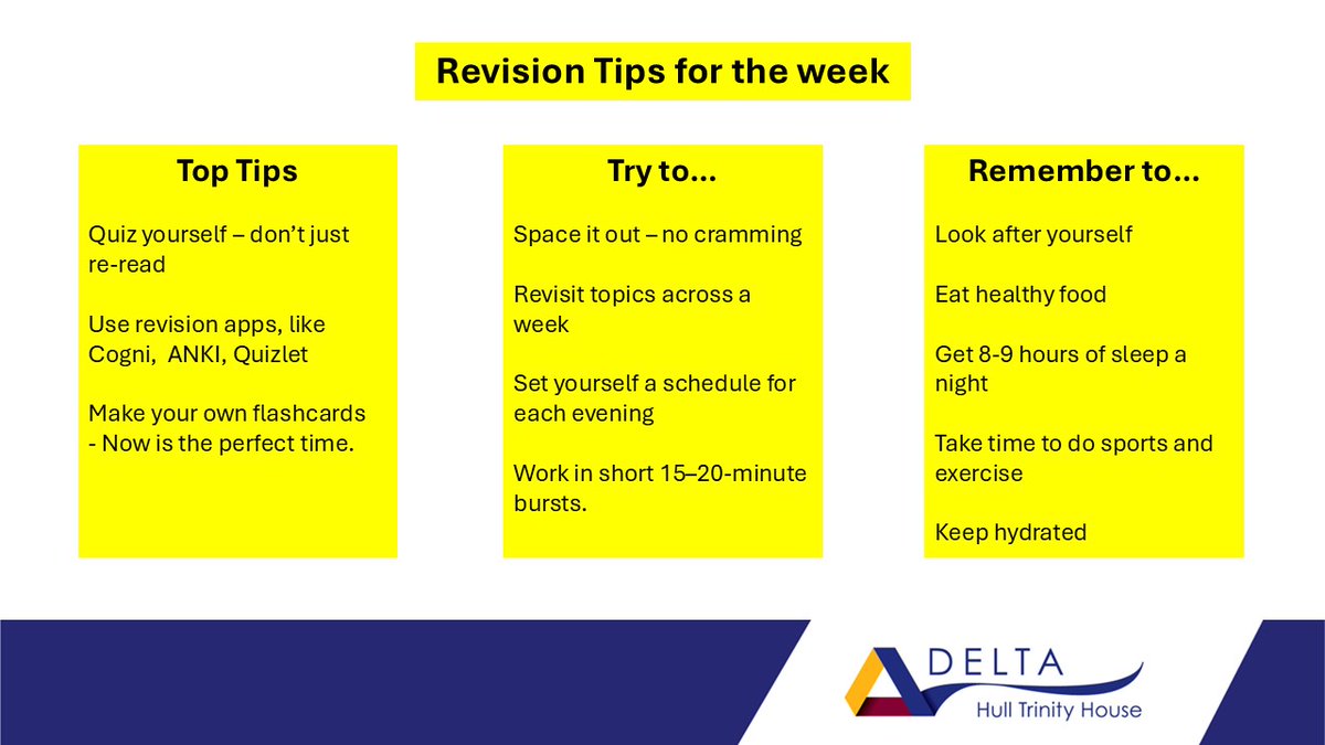 DeltaHTHA's tweet image. This week&apos;s #RevisionTip✍️Make the most of your study time with these simple but powerful tips:
✅ Quiz yourself, don’t just re-read
🕒 Space it out – no cramming
💪 Look after yourself and stay hydrated
#GCSE #StudyTips #Revision