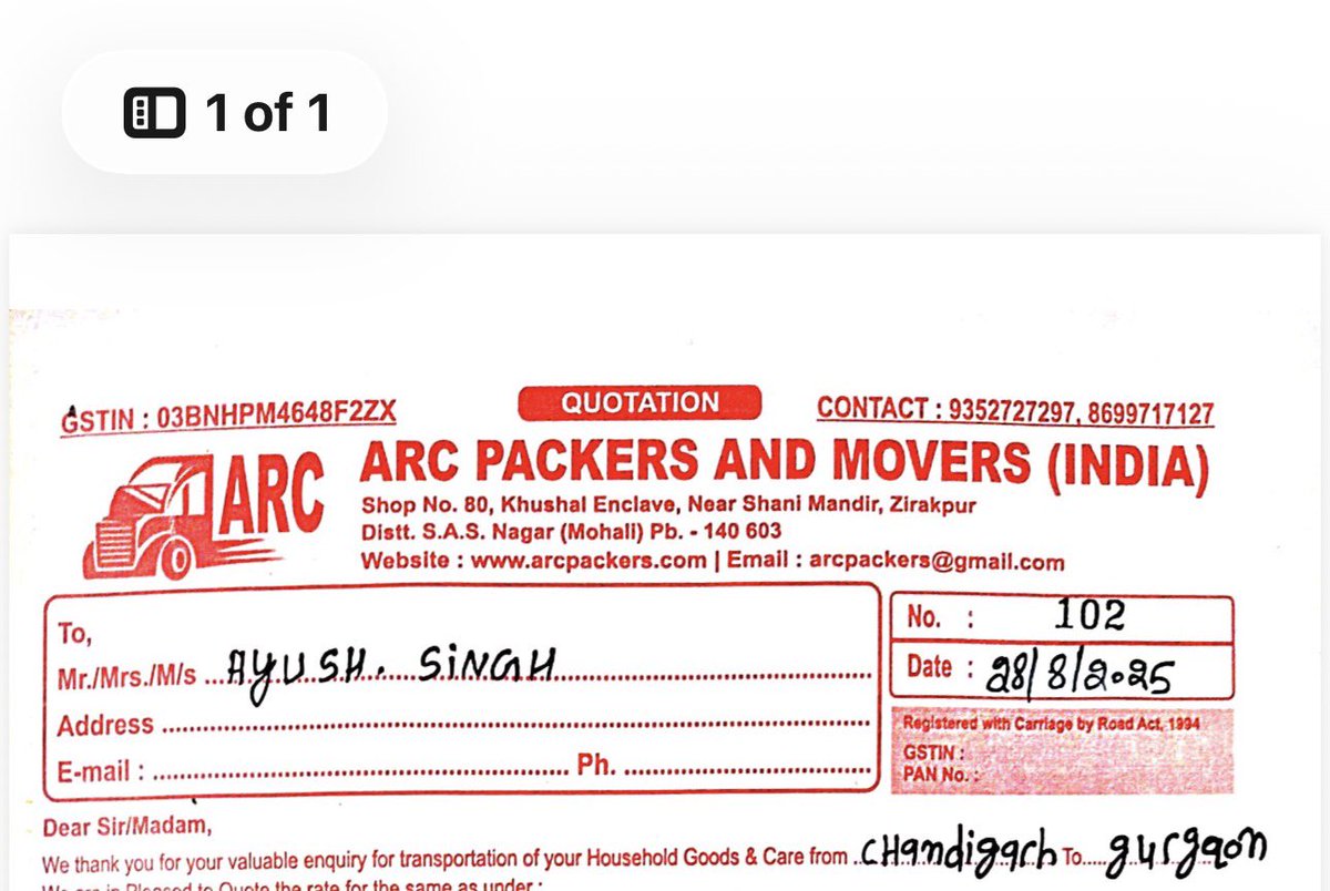 AyushRiki's tweet photo. @ChdPol @DgpChdPolice Last month I shifted from Chandigarh to Gurugram using ARC Movers &amp; Packers. Till today, my washing machine, microwave &amp; other items haven’t been delivered. Despite reaching out to CHD Police, no response yet. Need urgent action! #FraudAlert
@ChdPol @DgpChdPolice @PunjabPoliceInd https://t.co/JVmsPHwsQR