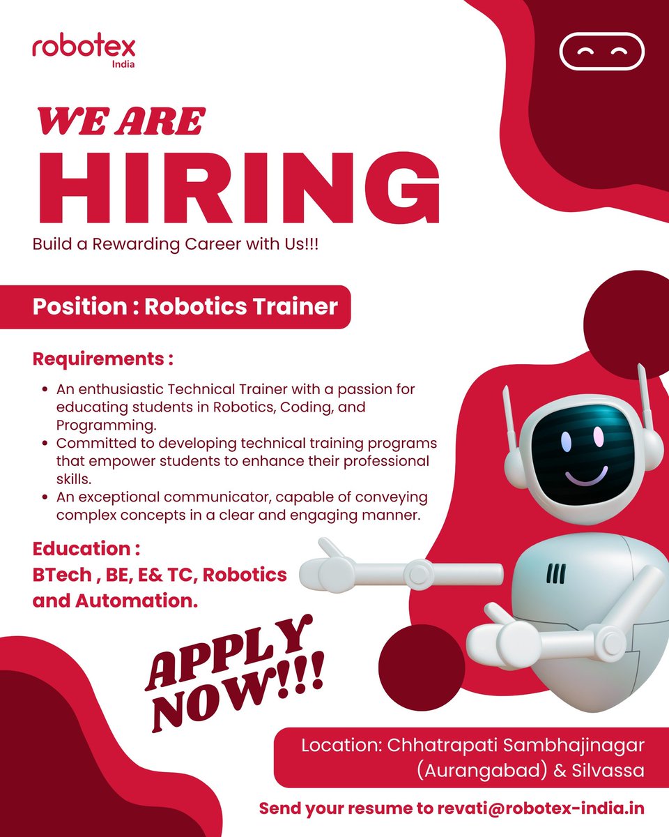 IndiaRobotex's tweet image. We’re Hiring Robotics Trainers!
Passionate about Robotics, Coding, and shaping young innovators? Join Robotex India and be part of a mission to build India’s future-ready classrooms.

 Locations: Chhatrapati Sambhajinagar (Aurangabad) &amp;amp; Silvassa

#Hiring #STEMEducation