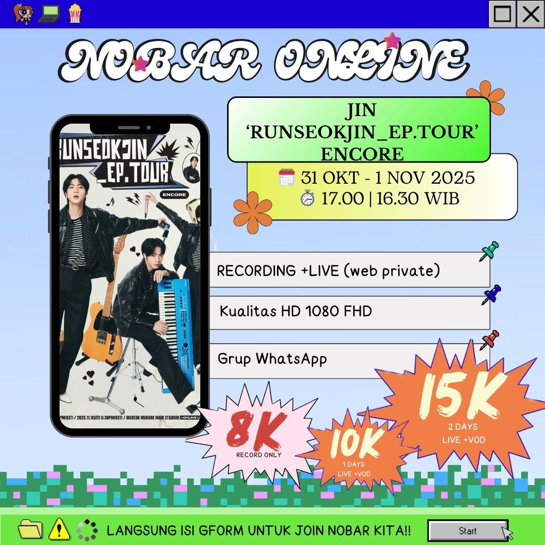 Weeks_cord's tweet photo. OPEN SHARING NOBAR ONLINE JIN RUNSEOKJIN EP . TOUR ENCORE

💰15K (2 DAYS LIVE + RECORD)
💰8K/DAY (RECORD ONLY)

✅ LIVE + RECORD  
✅ FHD 1080p
📌 Private web + tutor 

t. wts wtb nonton streaming gdrive konser army jin seokjin bts bangtan encore concert link https://t.co/efI9jdlYZM