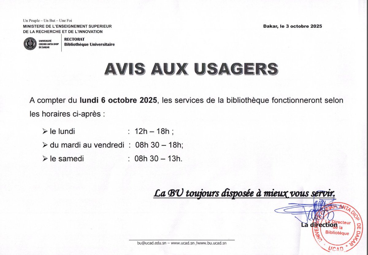 Les horaires d'ouverture de la BU ont changé ce lundi 06 octobre 2025.